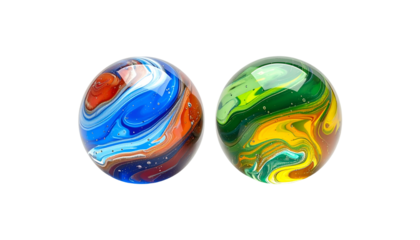 Two colorful, swirled glass spheres, isolated on black background, showcasing intricate patterns