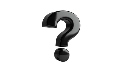 Gleaming black 3D question mark, floating against a black backdrop, simple and iconic
