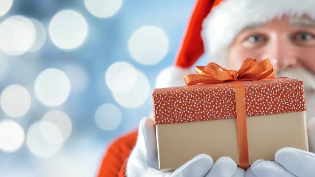 Santa Claus Present: A close-up view of Santa Claus, beaming with a smile, extending a beautifully wrapped gift box, filled with holiday spirit.