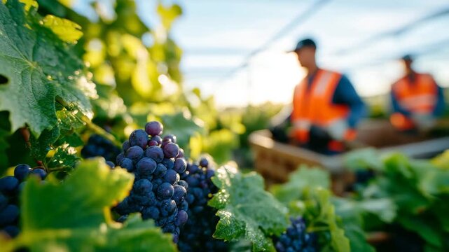Macro-style close-up of grape clusters on the vine during harvest, textured skins and morning dew visible, blurred workers carrying baskets between rows, seasonal vineyard labor an