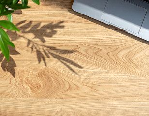 Serene wooden workspace with laptop and natural plant shadows