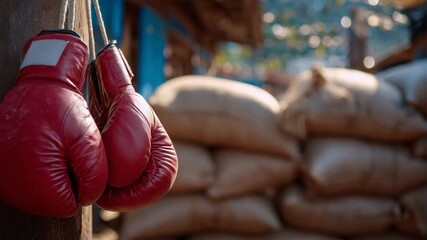 Macro-style close-up of red boxing gloves hanging on worn heavy bag, multiple sandbags in background, gritty gym environment, combat sports preparation visual