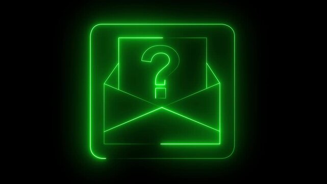 Neon glowing square frame on black background with question mark icon. Rectangular frame with moving line Question Mark Icon on Rectangle Background.