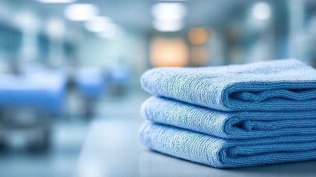 Macro-style close-up of light blue surgical scrubs stacked neatly, folds crisp, soft focus background of clean hospital ward, order and sterile environment concept