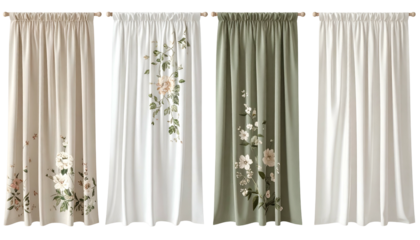 Four draped window curtains, two with floral embroidery, in varying neutral colors