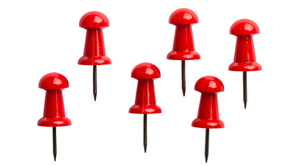 Six bright red thumb tacks with silver pins floating against a black backdrop