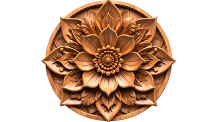 Detailed 3D rendered wood carving of a blooming flower, centered with leaves and petals