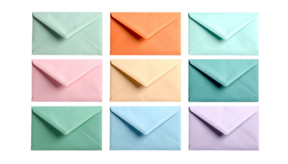 Nine colorful envelopes arranged in a grid, viewed from above, on a black background