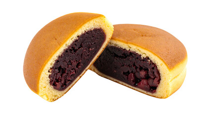 Close-up of a halved, golden-brown Japanese sweet with red bean paste filling