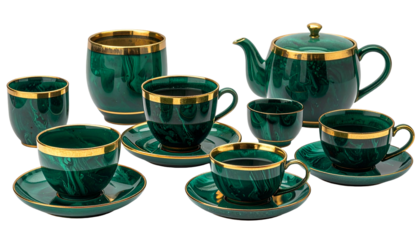 Malachite-patterned tea set teapot, cups, saucers, and a cylindrical tumbler, gold trim