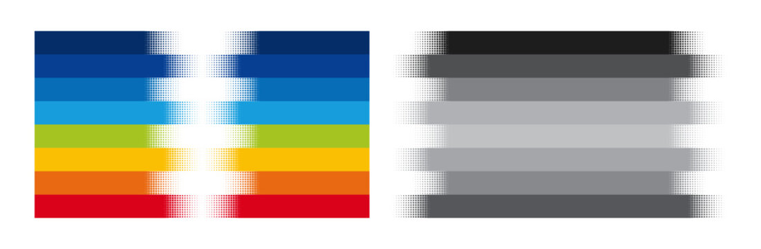Rainbow color spectrum and grayscale bars with pixelated gradient halftone vector illustration.