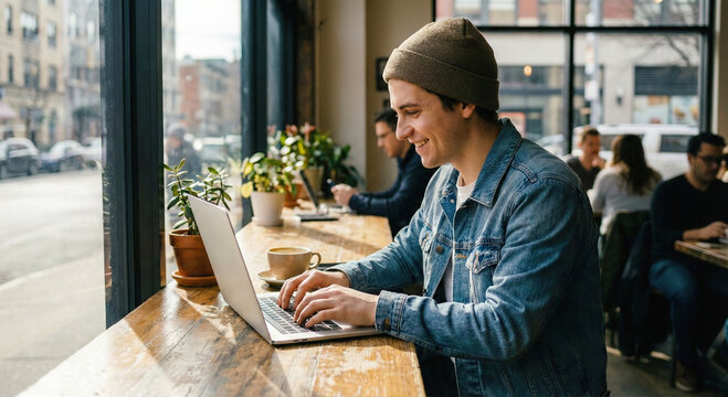 A smiling young man in a beanie works remotely on a laptop at a sunny urban cafe.