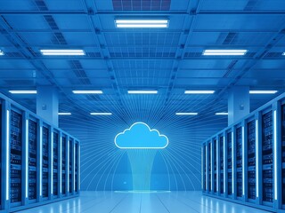 Cloud computing data center with server racks and cloud icon