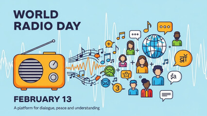 World radio day illustration with people communicating globally on february 13th