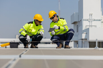 Engineers inspecting solar panels on rooftop