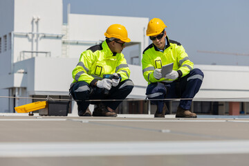Engineers inspecting solar panels on rooftop