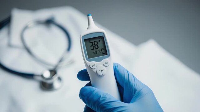The screenshot displays a hand wearing a blue glove holding a digital thermometer showing a temperature of 38&deg;C. A stethoscope is visible in the background, symbolizing a clinical environment focused 