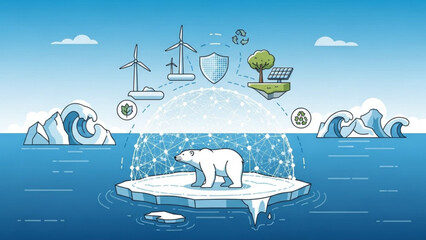 Polar bear on melting iceberg with eco friendly symbols and renewable energy icons in the background