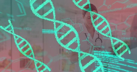 Animation of data processing and dna strand spinning over caucasian female doctor - Powered by Adobe