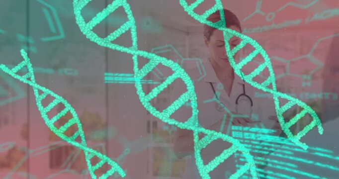 Animation of data processing and dna strand spinning over caucasian female doctor