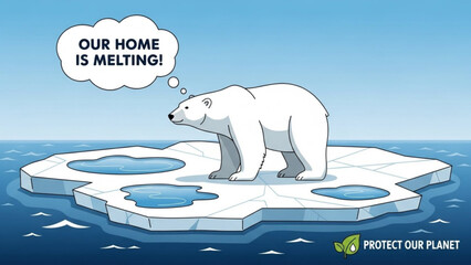Polar bear standing on melting iceberg with speech bubble saying 'our home is melting' in ocean