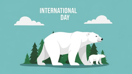 Mother polar bear and cub walking through forest on international day symbolizing environmental conservation and wildlife protection