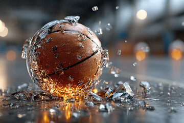 Basketball shattered into pieces, reflecting light and energy on a polished surface in a dynamic explosion of fragments