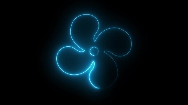 neon propeller, rotating fan propeller animated rotating fan propeller screen chroma 4k looping Special fan sign neon icon with rotating three-pointed fan on black background.