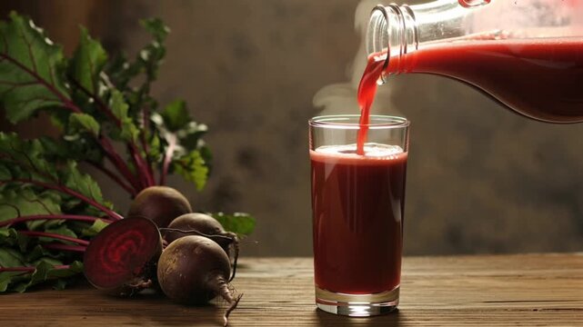 Cinematic lifestyle video slow pour of vivid beet juice tall clear glass natural sunrise lighting, peaceful morning ambiance, rustic wooden table, halved beets resting minimal organic cozy farmhouse