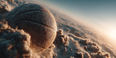 Surreal astronomical scene a giant, textured sphere hovers amidst swirling cosmic clouds during a dramatic sunrise