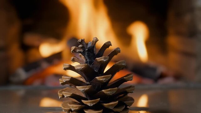 A single pinecone sits in front of a warm and cozy burning fireplace.