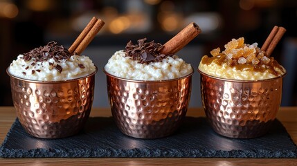 Rice pudding cup trio hammered copper vessels Mexican restaurant dessert presentation cinnamon chocolate caramel garnish slate board gourmet traditional sweets