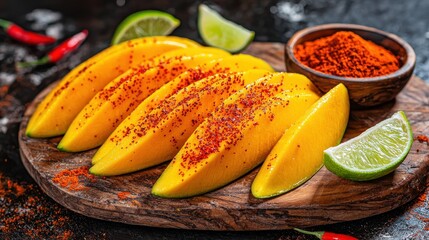 Frutas con chile featuring fresh mango slices generously dusted with vibrant red chile powder on rustic wooden cutting board with lime wedges