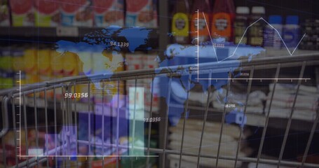 Animation of financial data processing over businesswoman using vr headset - Powered by Adobe