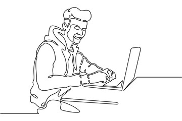 Continuous single line drawing A young man at a laptop. A programmer works online at a laptop.  Linear.One continuous line isolated minimalist illustration. Not AI.