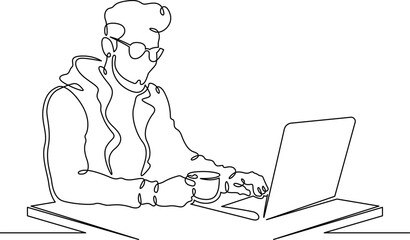 Continuous single line drawing A young man at a laptop. A programmer works online at a laptop.  Linear.One continuous line isolated minimalist illustration. Not AI.