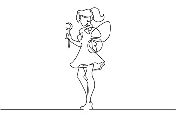 Continuous single line drawing girl dressed as a fairy. Girl with wings and a magic wand. Costume for the holiday.Linear.One continuous line isolated minimalist illustration. Not AI.