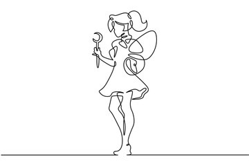 Continuous single line drawing girl dressed as a fairy. Girl with wings and a magic wand. Costume for the holiday.Linear.One continuous line isolated minimalist illustration. Not AI.