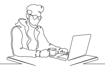 Continuous single line drawing A young man at a laptop. A programmer works online at a laptop.  Linear.One continuous line isolated minimalist illustration. Not AI.