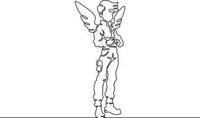 Continuous single line drawing boy dressed as a pilot. A child with wings behind his back. Costume for the holiday. Linear.One continuous line isolated minimalist illustration. Not AI.