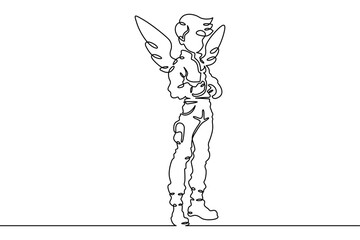 Continuous single line drawing boy dressed as a pilot. A child with wings behind his back. Costume for the holiday. Linear.One continuous line isolated minimalist illustration. Not AI.