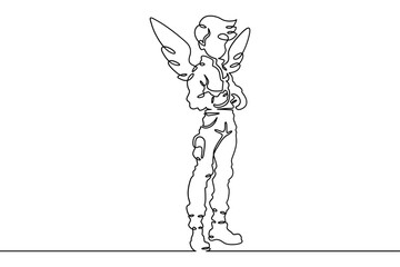 Continuous single line drawing boy dressed as a pilot. A child with wings behind his back. Costume for the holiday. Linear.One continuous line isolated minimalist illustration. Not AI.