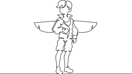 Continuous single line drawing boy dressed as a pilot. A child with wings behind his back. Costume for the holiday. Linear.One continuous line isolated minimalist illustration. Not AI.