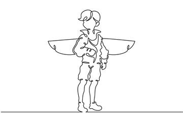 Continuous single line drawing boy dressed as a pilot. A child with wings behind his back. Costume for the holiday. Linear.One continuous line isolated minimalist illustration. Not AI.