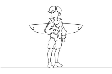 Continuous single line drawing boy dressed as a pilot. A child with wings behind his back. Costume for the holiday. Linear.One continuous line isolated minimalist illustration. Not AI.