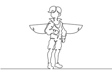 Continuous single line drawing boy dressed as a pilot. A child with wings behind his back. Costume for the holiday. Linear.One continuous line isolated minimalist illustration. Not AI.