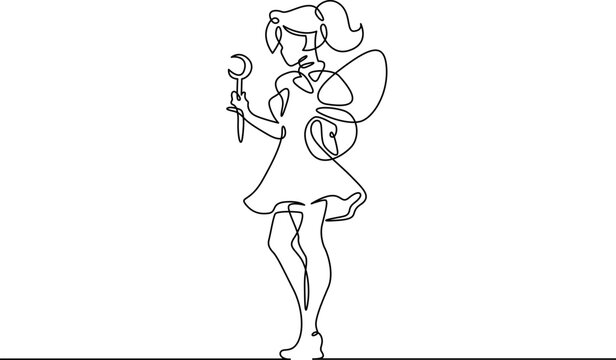 Continuous single line drawing girl dressed as a fairy. Girl with wings and a magic wand. Costume for the holiday.Linear.One continuous line isolated minimalist illustration. Not AI.