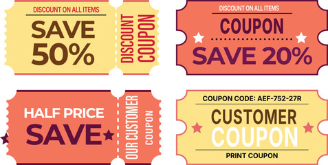 Coupons and discounts sale tags, promotional offers tags