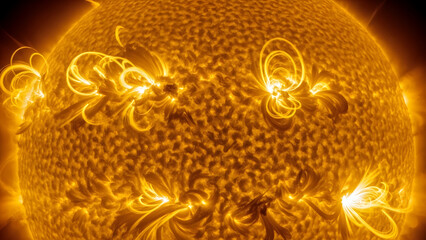 The sun ablaze with fiery solar prominences and plasma arcs stretching outwards in a spectacular cosmic display