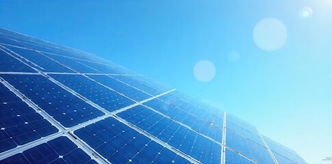A modern solar panel template design with a blue sky background, perfect for renewable energy concepts and environmental themes , environment, outdoors